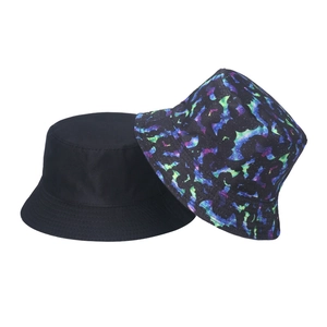 Double-sided reversible bucket hat set in solid black and bat print star pattern