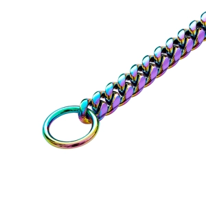 Macro detail of 10mm rainbow-colored stainless steel Cuban chain link for pets