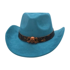 Detail of teal suede cowboy hat featuring vintage band and bronze skull ornament