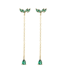 Gold geometric fringe earrings with emerald green crystals and long tassel drop