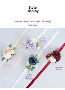 Detail view of artificial bridal wrist corsages in vintage colors with silk ribbons