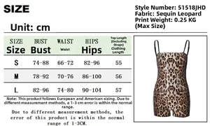 Size chart for leopard sequin bodysuit detailing bust, waist, and hip measurements in cm