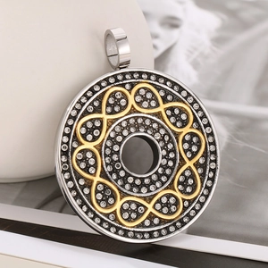 Retro stainless steel round pendant with sparkling rhinestones and gold intertwined lines