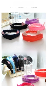 Close-up of soft flannel cat ear headbands in various colors for skincare and makeup