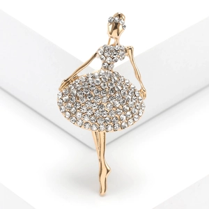 Elegant Alloy Ballet Dancer Brooch Pin For Women Sparkling Rhinestone Inlaid Metal Suit Accessories Jewelry Gift Gold Silver