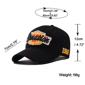 Detailed size guide of a vintage distressed baseball cap with embroidery dimensions