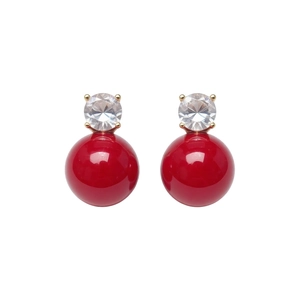 Elegant bow zircon pearl earrings with red spherical droplets in a vintage French style