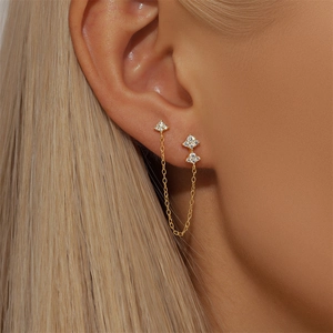 Detail of 925 sterling silver tassel earrings with crystal flower petals on earlobe