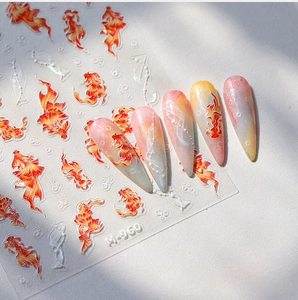 Detail of M-960 3D nail stickers featuring orange koi fish with gold foil finish