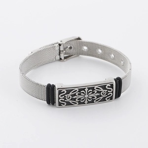 Silver stainless steel mesh watchband bracelet with vintage pattern decorative plate
