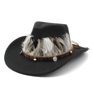 Ethnic Western wool cowboy hat in black with natural feathers and beaded woven band
