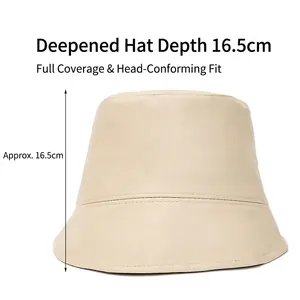Beige PU leather bucket hat for women with 16.5cm deep crown and vintage stitching