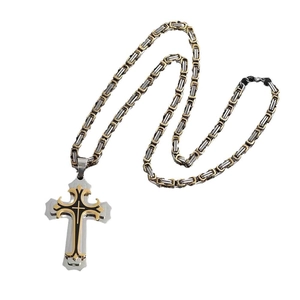Two-tone gold and silver stainless steel cross pendant with Byzantine chain necklace for men