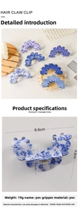 Dettaglio della pinza per capelli in PVC blu con motivi floreali e bordo a onda