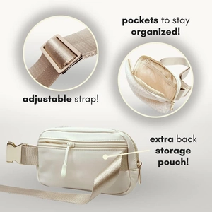 Beige plush fanny pack with adjustable strap and internal mesh organizer pocket
