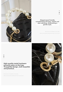 Detailed close-up of a black quilted mini bag with pearl handle and golden hardware