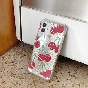 Close-up of mirror phone case featuring red cherry patterns and sweet summer slogans