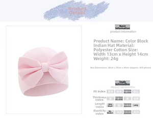 Pink bow baby hat details showing polyester cotton fabric material and 13x14cm dimensions