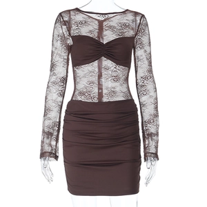 Brown lace long sleeve backless mini dress with bodycon ruffled skirt on mannequin