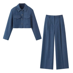 Women Denim Blue Short Jacket And High Waist Wide Leg Pants Elegant Lapel Single Breasted Pockets Top And Bottom