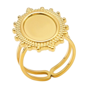 Detail of golden sunburst sunflower ring with adjustable dual-line open band