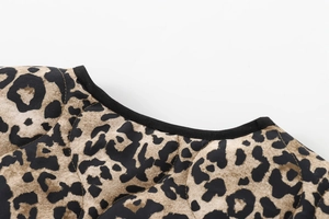 Close-up of leopard print quilted jacket neckline with precision stitching and black trim