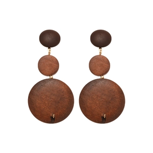 Boucles d'oreilles ethniques bohèmes en bois à triple disque avec dégradé brun et or