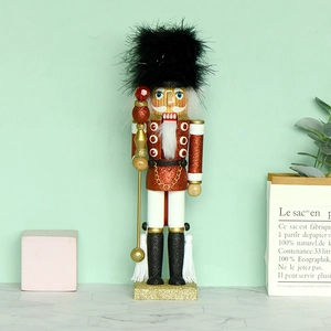 Nutcracker Soldier King Ornament Wooden Glitter Red Jacket Faux Fur Hat Scepter Traditional Christmas Home Decor