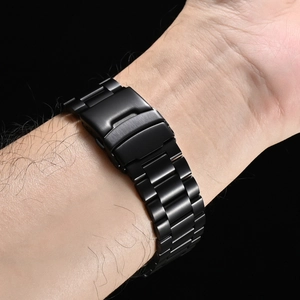 Close-up of black titanium iWatch link bracelet with brushed metal texture on wrist
