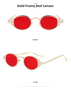 Detail view of oval punk sunglasses with golden metal frame and red lenses