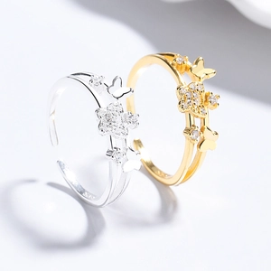 Butterfly Open Ring 925 Sterling Silver Cubic Zirconia Adjustable Layered Jewelry Elegant Accessories For Women