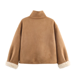 Women's reversible brown suede jacket with white fleece cuffs, back view flat lay