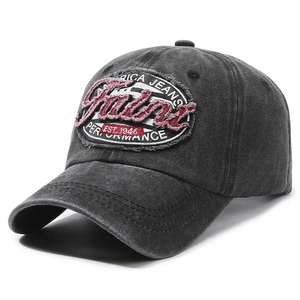 Vintage washed denim baseball cap with distressed embroidery and retro street style design
