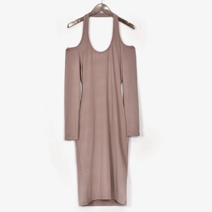 Detail of mauve halter neck dress with cold shoulder long sleeves and slim fit design
