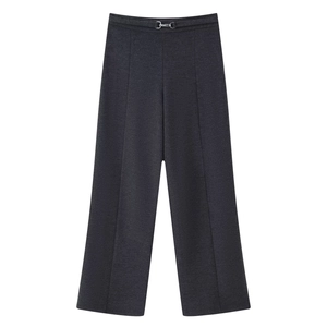 Dunkelgraue Hose mit weitem Bein, hoher Taille und dekorativer Metallschnalle