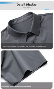 Close-up of dark grey ice silk polo shirt showing seamless adhesive collar and textured fabric