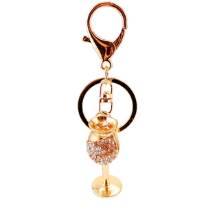 Creative gold wine glass keychain with sparkling rhinestones and metal lobster clasp