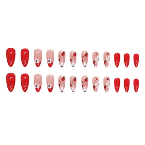 Cute ladybug and white flower patterns on almond-shaped red and pink press-on nails