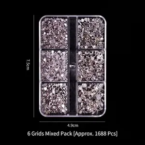 6-grid mix of AB crystal rhinestones for nail art, approximately 1688 pieces in 7.5x4.9cm box