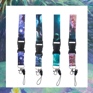 Lanyards with four galaxy patterns featuring quick release clips and metal hooks