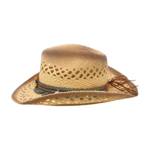 Straw cowboy hat with gradient weave and ethnic beaded band for sun protection