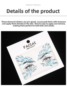 Detailed blue iridescent rhinestone face jewels and eye stickers on white card