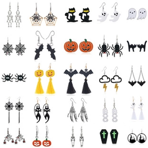 Set of 25 pairs of Gothic Halloween earrings with skull pumpkin and ghost charms