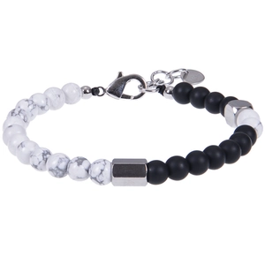 Detail of 6mm white marble and black beads bracelet with stainless steel clasp