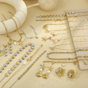 Ocean Summer Beach Style Stainless Steel Necklace Bracelet Earring And Ring Shell Starfish Artificial Pearl Boho Chic Jewelry