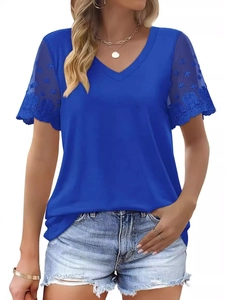 Women's blue V-neck T-shirt with elegant lace sleeves and minimalist summer style
