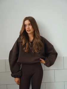 Women Polo Collar Sweatshirt Cotton Oversized Pullover Back Letter Embroidery Retro Streetwear Top Brown