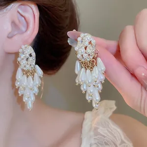 French Style Tassel Drop Earrings With Imitation Artificial Pearl Rhinestone And 925 Sterling Silver Earring Post For Women