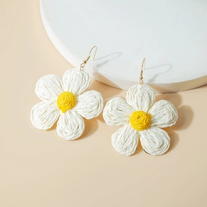 Detailed close-up of handmade woven raffia daisy earrings with yellow flower centers