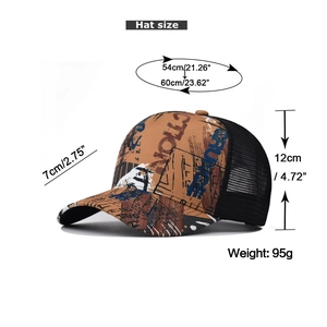 Gedetailleerde afmetingen en maattabel voor de graffiti print outdoor mesh baseballpet